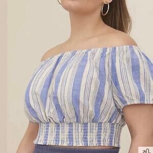 Torrid Off Shoulder Blue Cream Linen Blend Cropped Top Size 3X